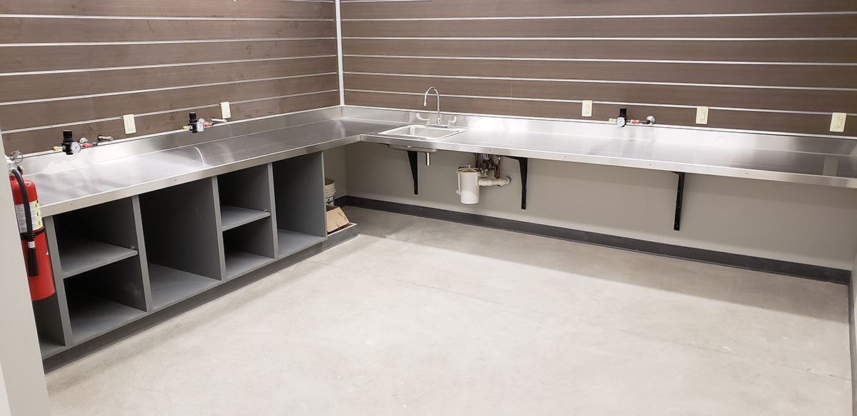 CommCab Stainless Furniture California University Stainless Steel on Oak Bally Block Tops